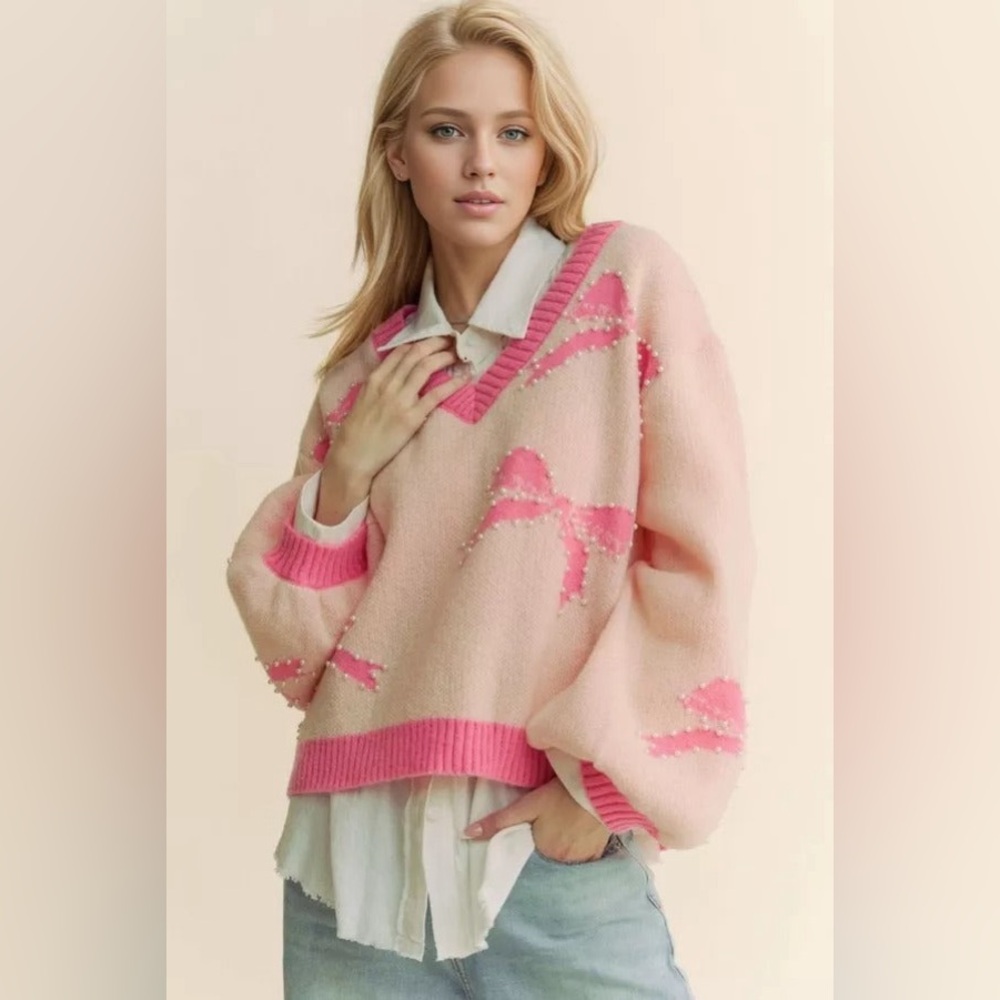 Pearl Studded Bow Balloon Sleeve V-Neck Sweater - Davi & Dani